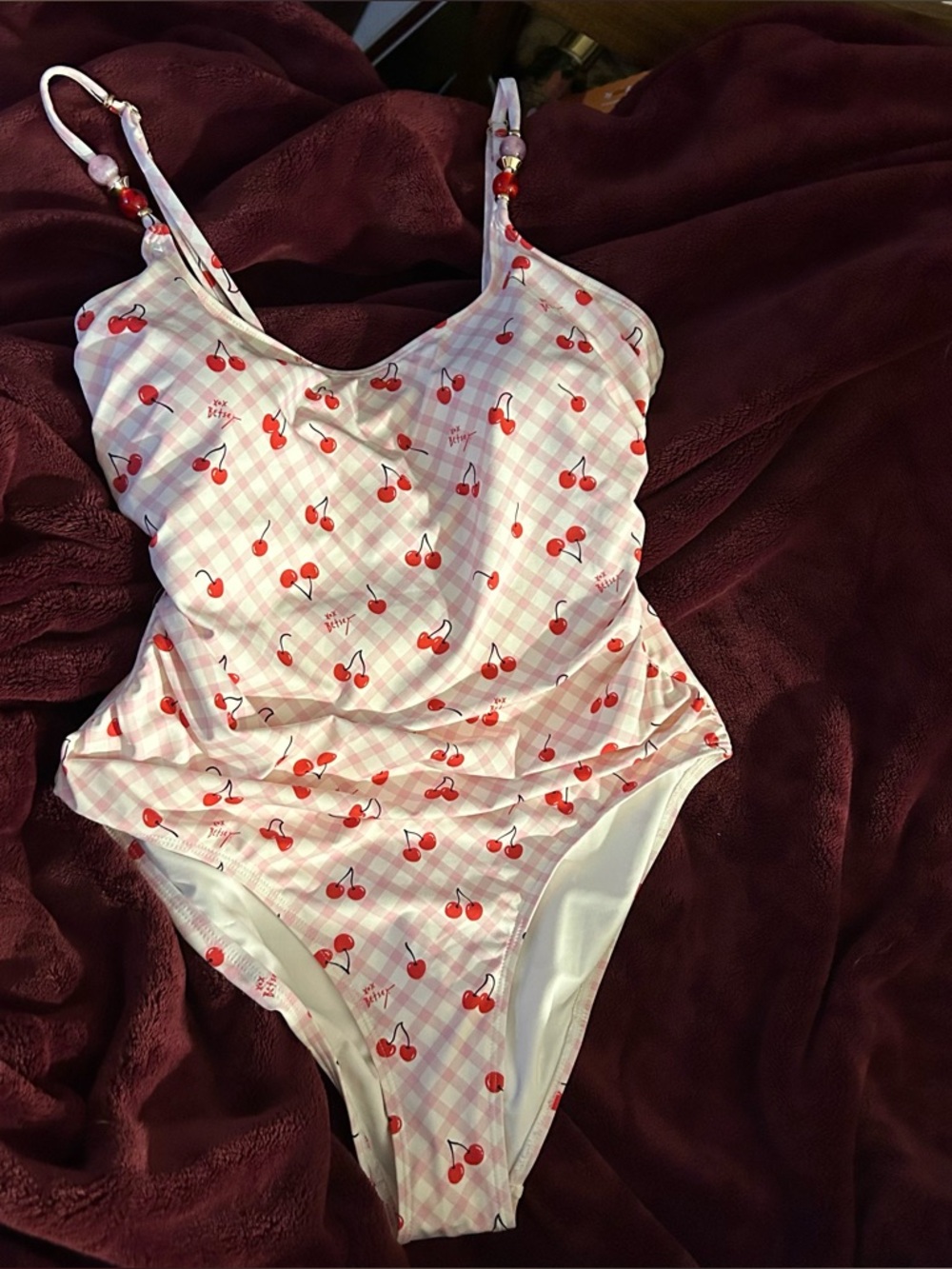 New betsey johnson pink cherry beaded one piece swimsuit and sarong set